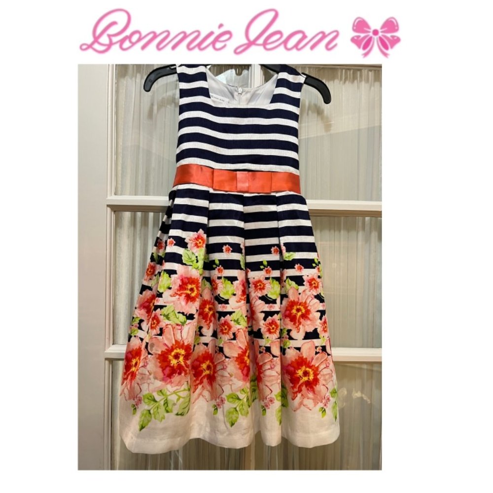 Bonnie Jean striped and floral sleeveless lined dress; girls' size 7